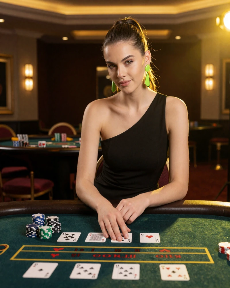 Model im eleganten schwarzen Kleid am dunklen Casino-Spieltisch mit Karten und Chips unter limegr&uuml;nem Licht - Golisimo Casino Spiele