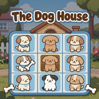 The Dog House Slot mit Cartoon-Hunden, Hundeh&uuml;tte und Knochen in Blau und Braun - Golisimo Casino
