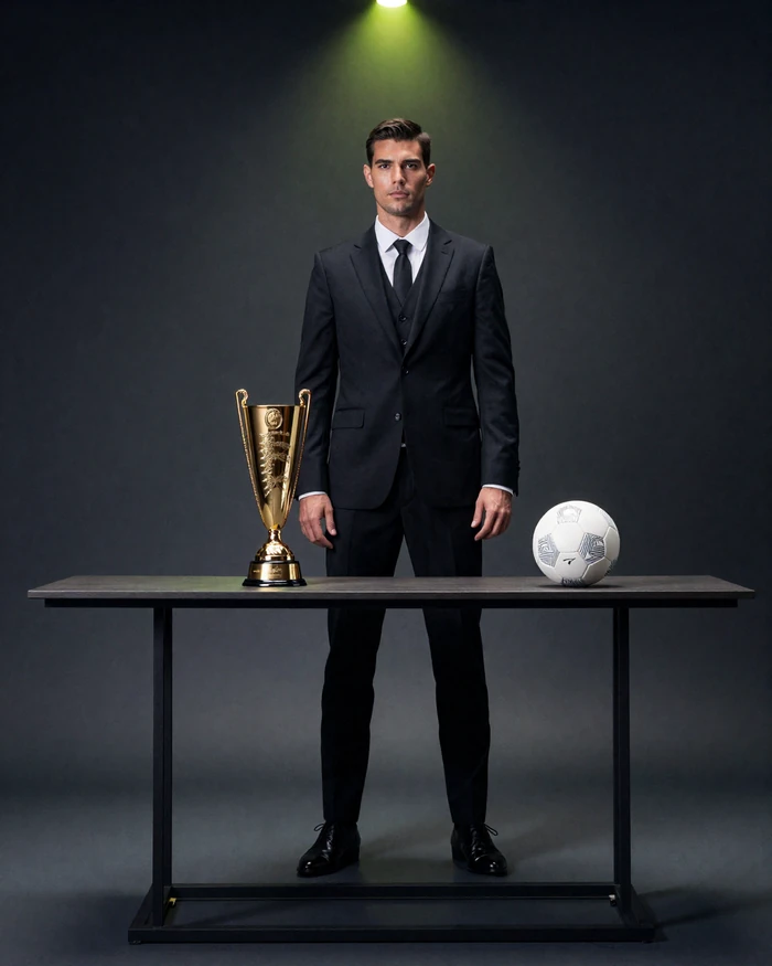 Mann in schwarzem Anzug neben goldenem Pokal und Fu&szlig;ball im Studio mit limegr&uuml;nem Spotlight - Golisimo VIP