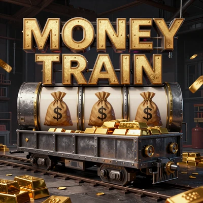 Money Train Slot mit Zug-Waggon, Goldbarren und Gelds&auml;cken in Stahl und Gold - Golisimo Casino