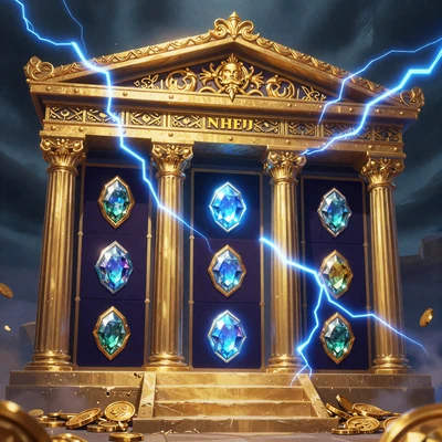 Gates of Olympus Slot mit Zeus-Tempel, goldenen S&auml;ulen und elektrischen Blitzen - Golisimo Casino