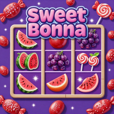 Sweet Bonanza Slot mit Fr&uuml;chten, Bonbons und Lutschern in Violett und Rot - Golisimo Casino